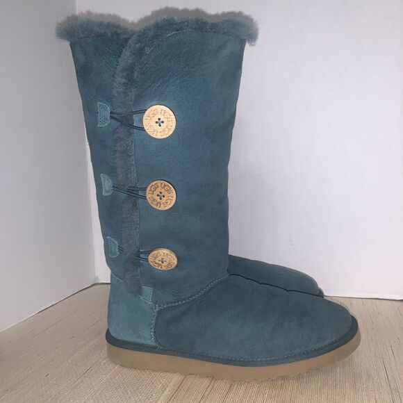 UGG Australia Bailey Button Triplets Womens 10 Teal Green Sheepskin Leather Tall - Picture 2 of 15